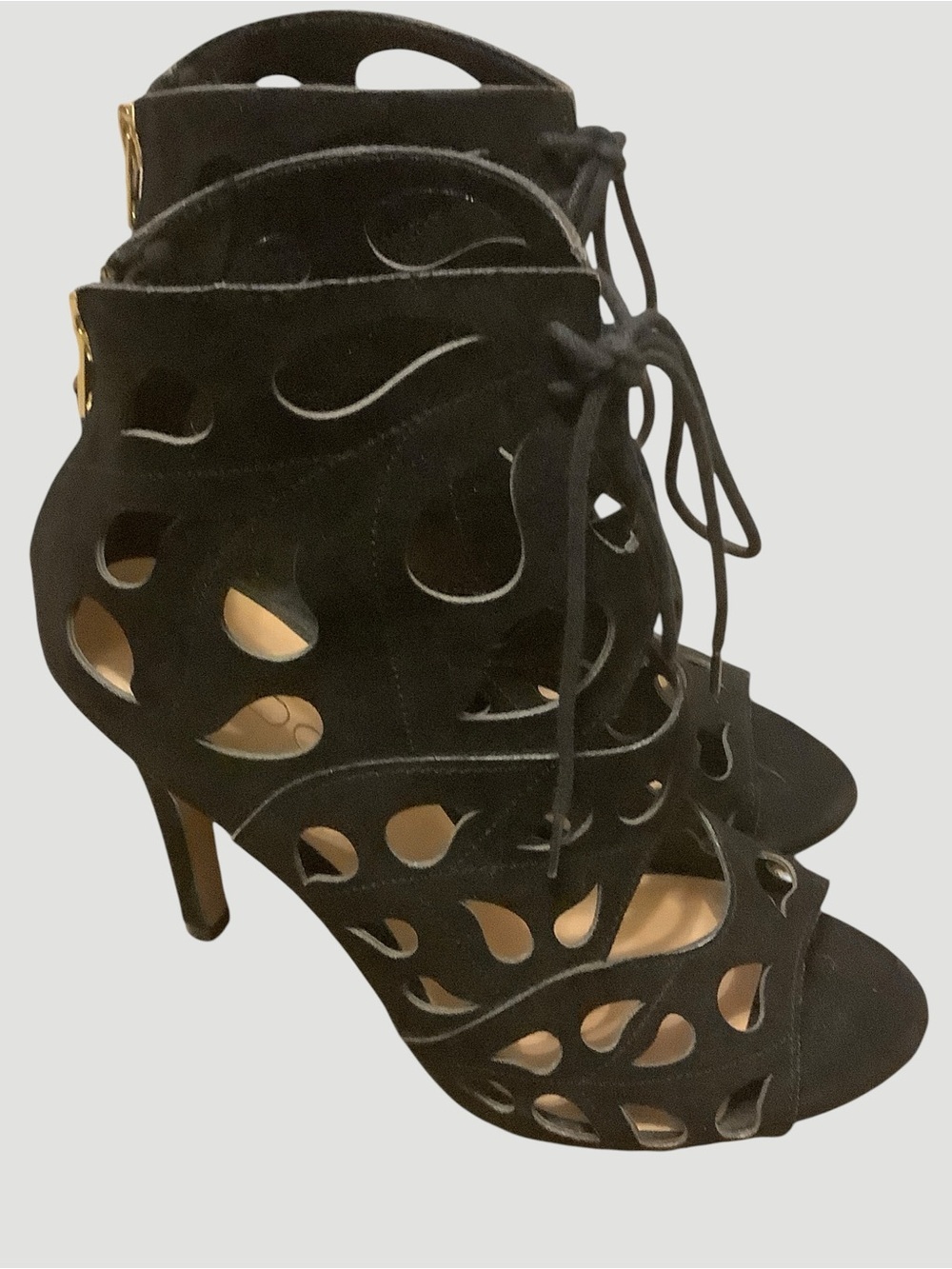 ALDO Black Faux Suede Cutout Peep Toe Tie-Front Stiletto Heels Size 7